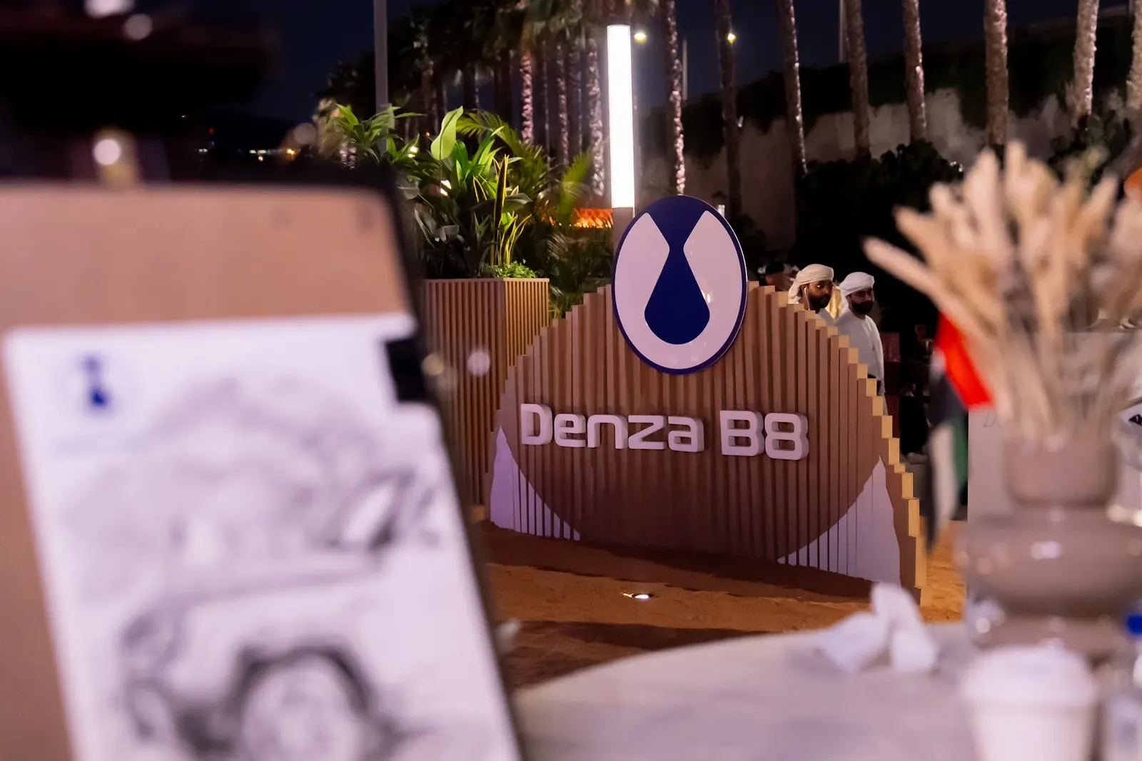 Wooden slatted Denza B8 sign with the Denza logo, framed by plants and dried grasses