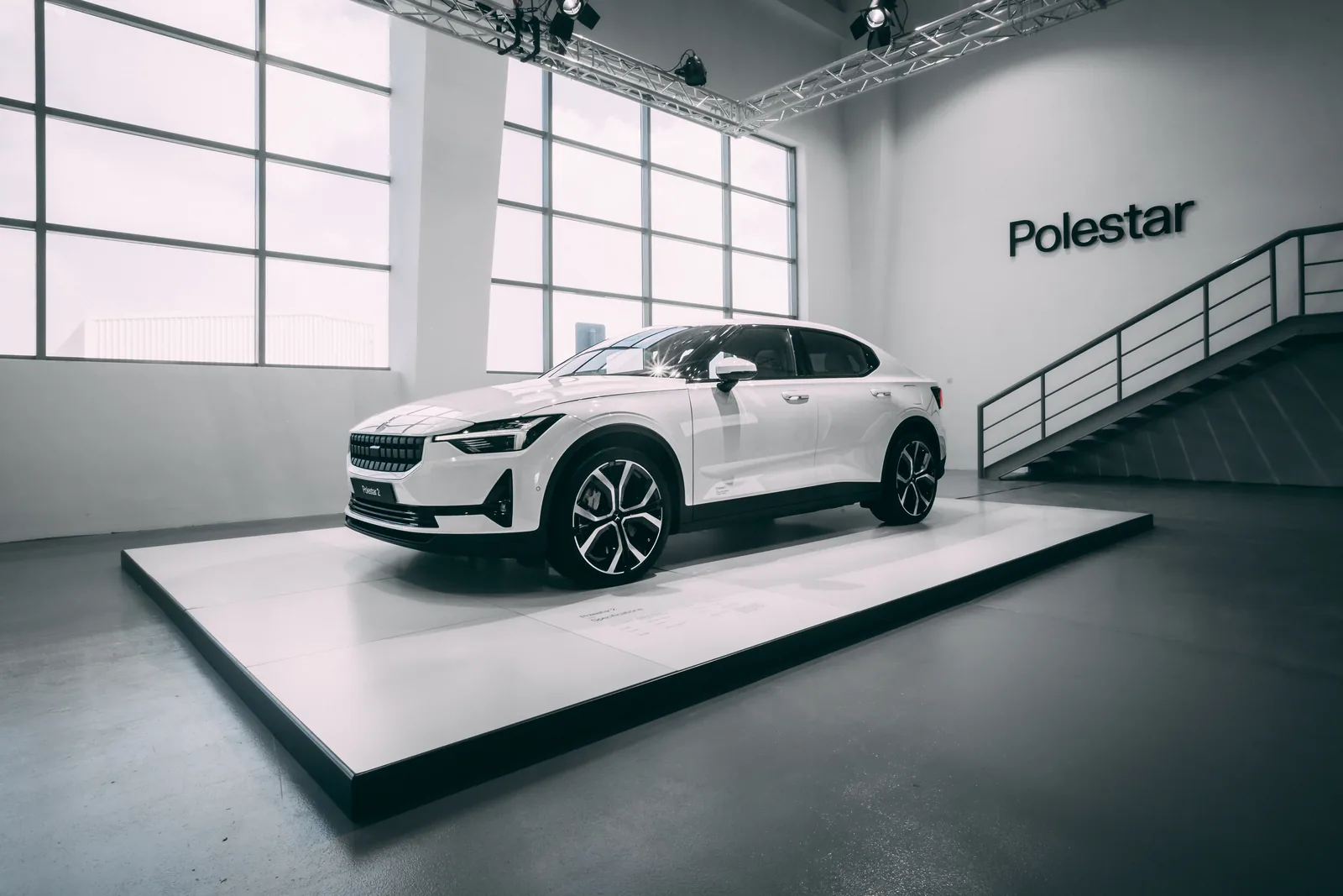 Polestar 2 on a white plinth in the space