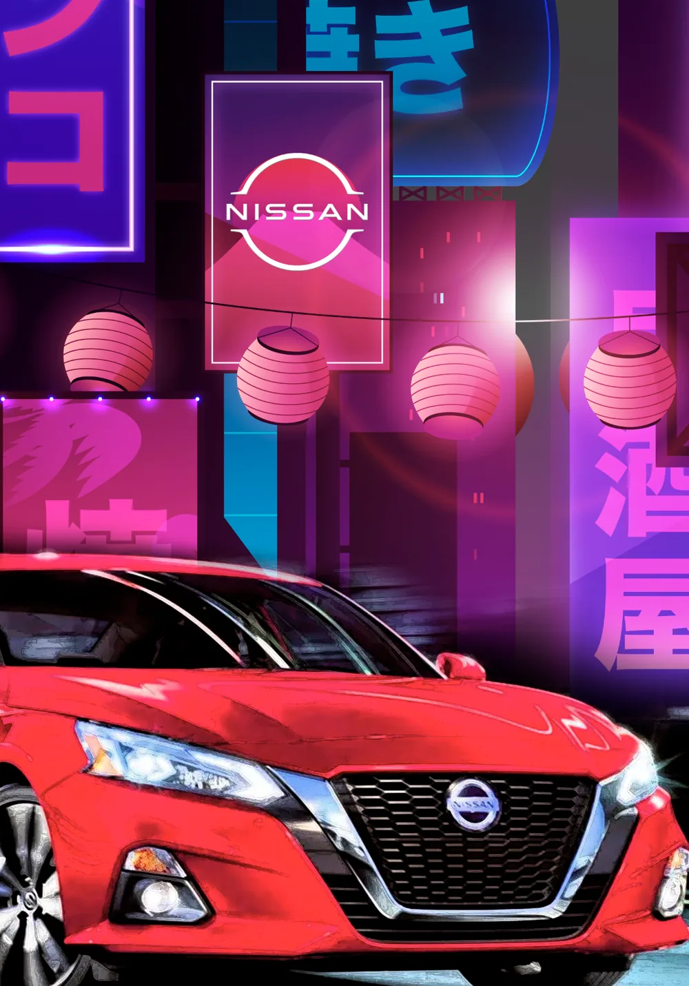 Neon Tokyo street poster with a red Nissan Altima under paper lanterns. AR activation, Jeddah