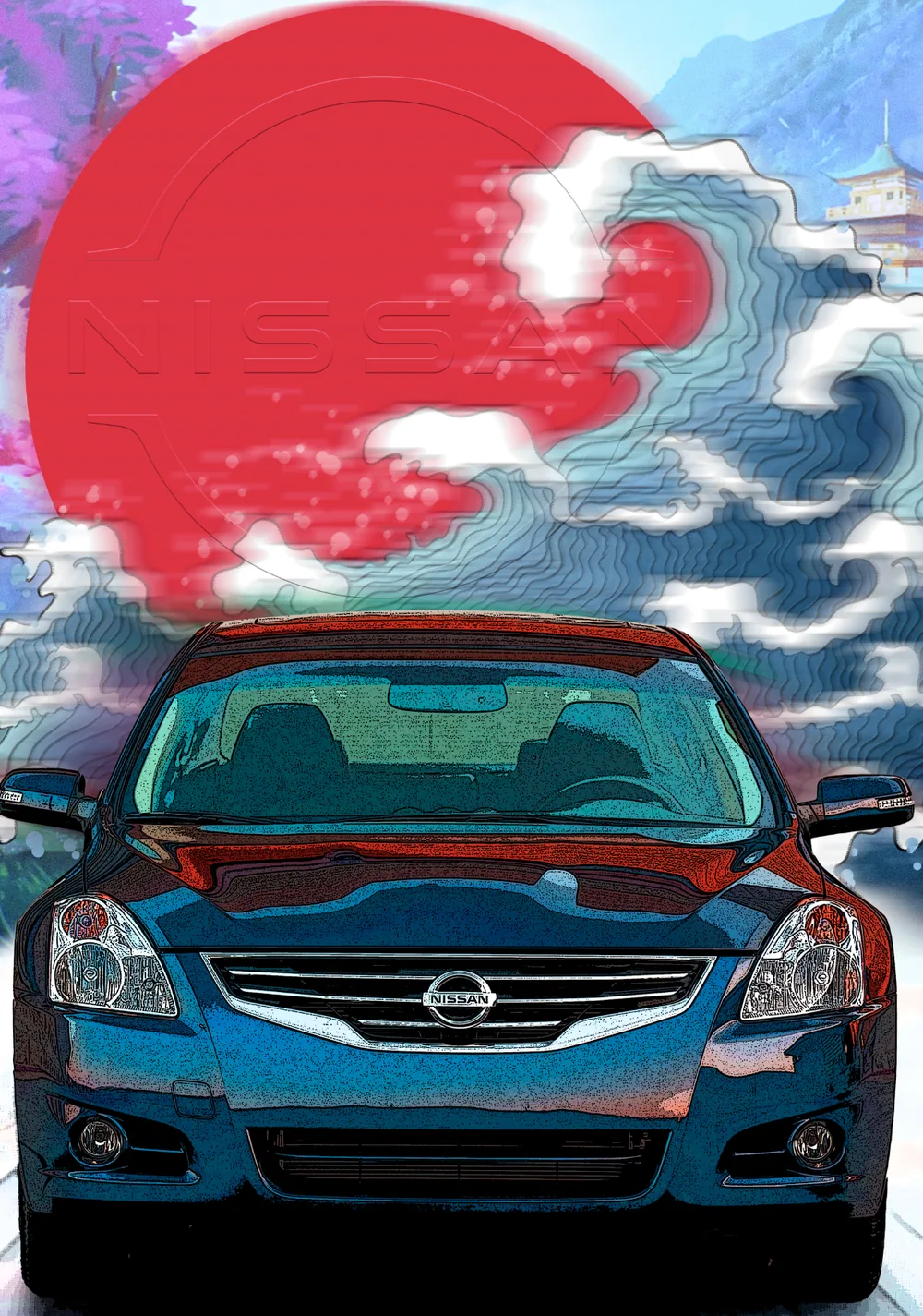 Altima in front of a red rising sun and a breaking wave. AR activation, Jeddah