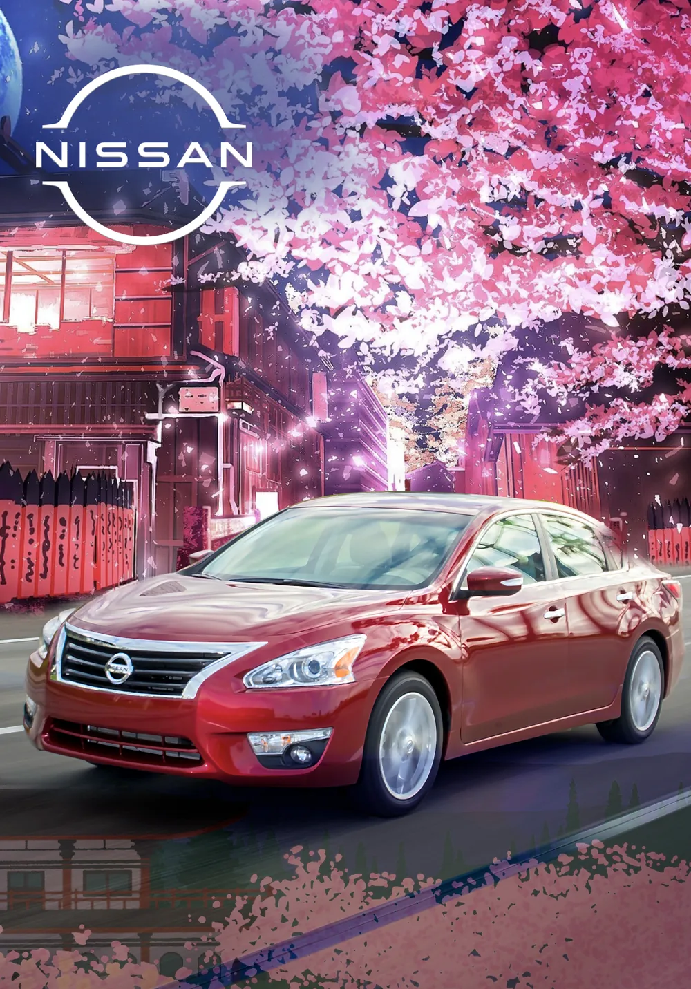 Red Altima on a cherry blossom street. AR activation, Jeddah