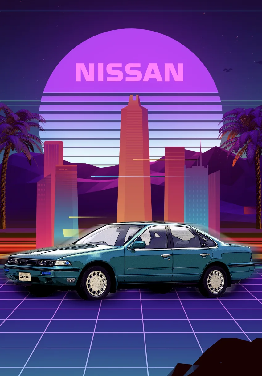 Retro synthwave poster with a classic Nissan saloon on a neon grid. AR activation, Jeddah