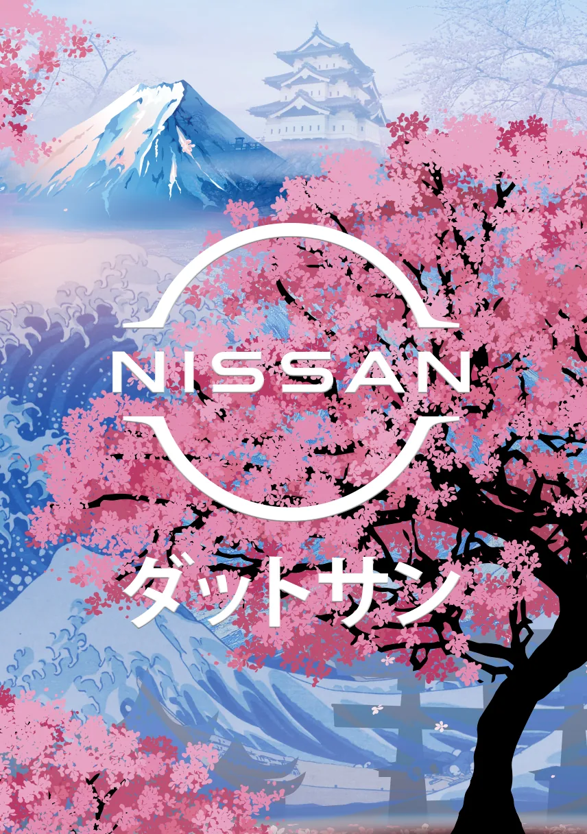 Nissan logo with Mount Fuji and cherry blossom. AR activation, Jeddah