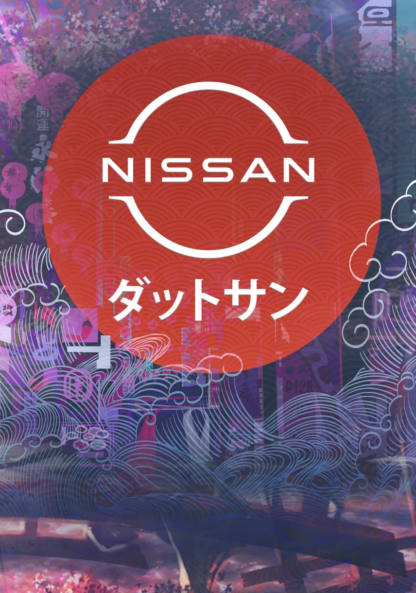 Nissan logo on a red sun with Japanese lettering. AR activation, Jeddah